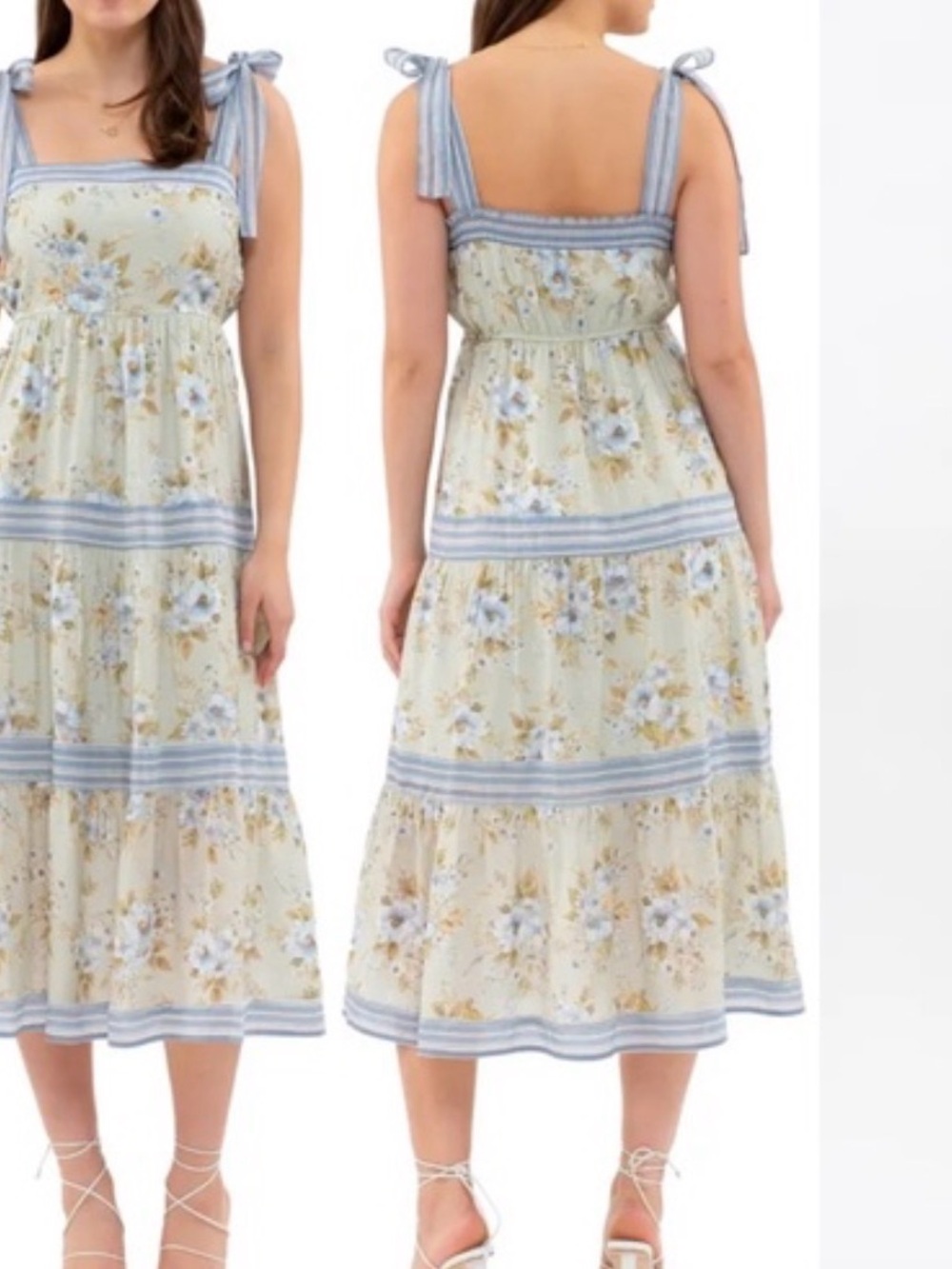 Sweet Wanderer Sage Blue Floral Tie-Shoulder Midi Dress Tier Euro Chic